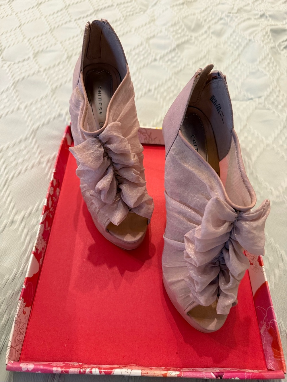 Chinese Laundry Pink Chiffon Bow Peep-Toe Heels